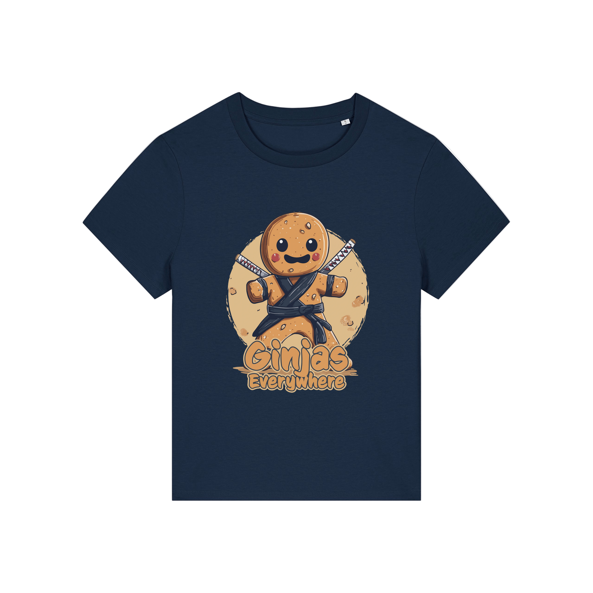 navy funny graphic t-shirt with a gingerbread man dressed as a ninja and the slogan 'ginjas everywhere'