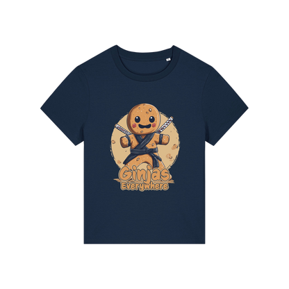 navy funny graphic t-shirt with a gingerbread man dressed as a ninja and the slogan 'ginjas everywhere'