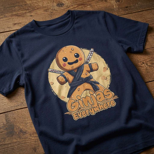 Navy Ginjas Everywhere t-shirt on wood with gingerbread ninja graphic, humorous ladies