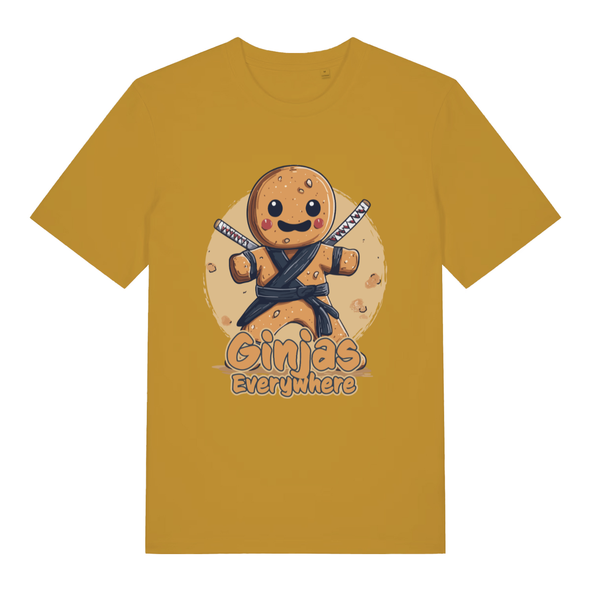 Ochre women's Ginjas Everywhere T-shirt flat lay with gingerbread ninja "Ginjas Everywhere"