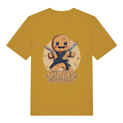 Ochre women's Ginjas Everywhere T-shirt flat lay with gingerbread ninja "Ginjas Everywhere"