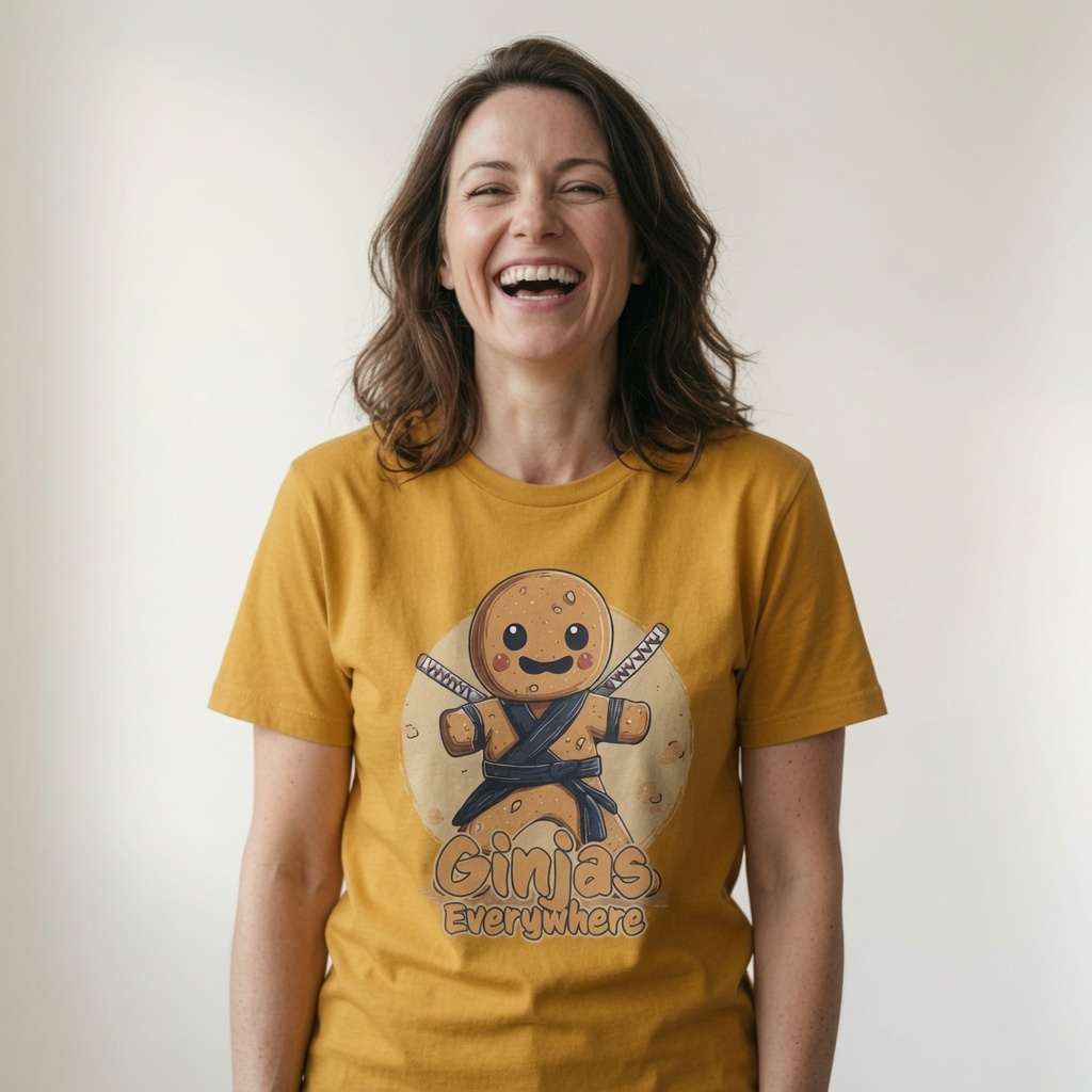 Woman laughing with head tilted while wearing an ochre Ginjas Everywhere t-shirt, funny ladies gingerbread pun graphic design that every no-nonsense lady will claim
