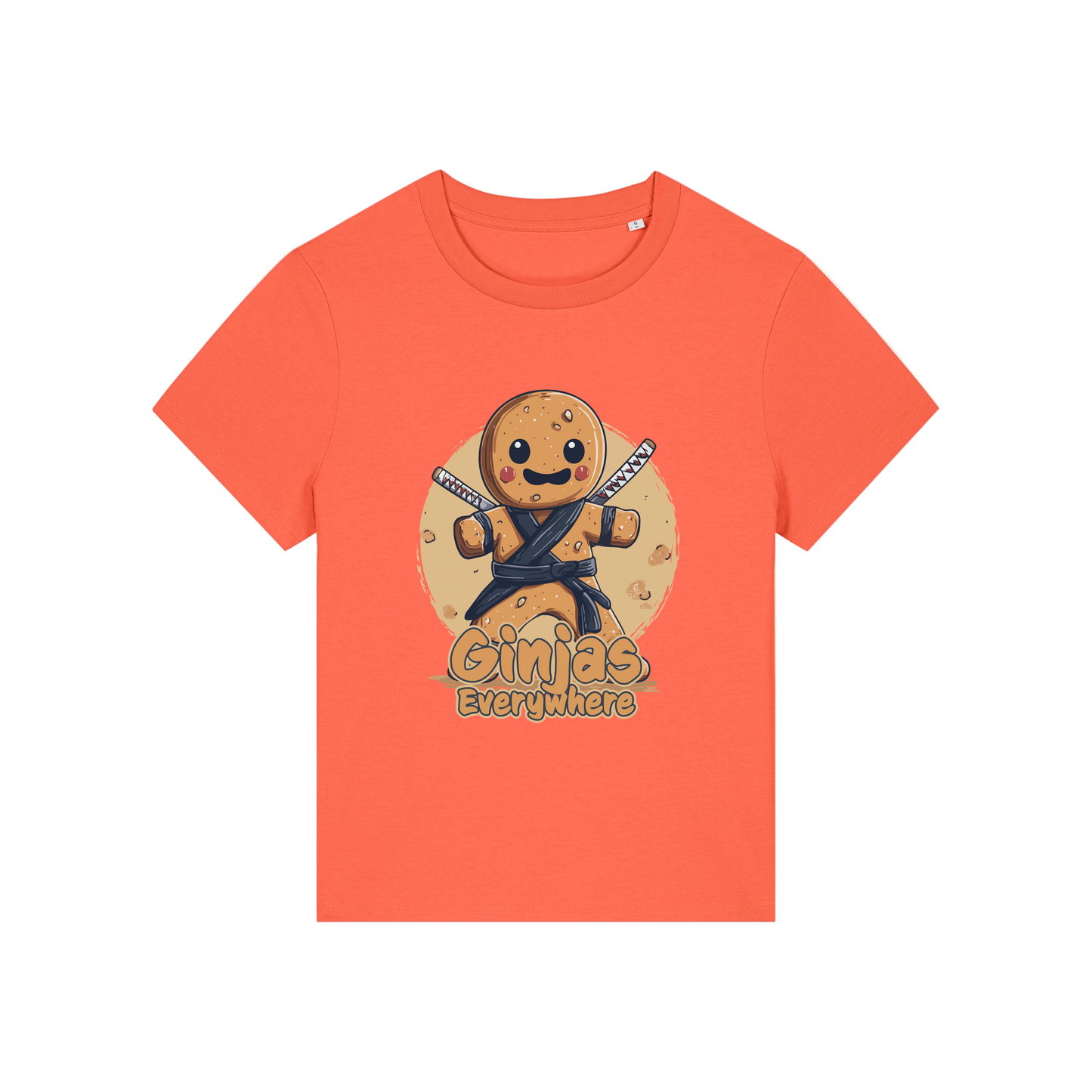 orange funny graphic t-shirt with a gingerbread man dressed as a ninja and the slogan 'ginjas everywhere'