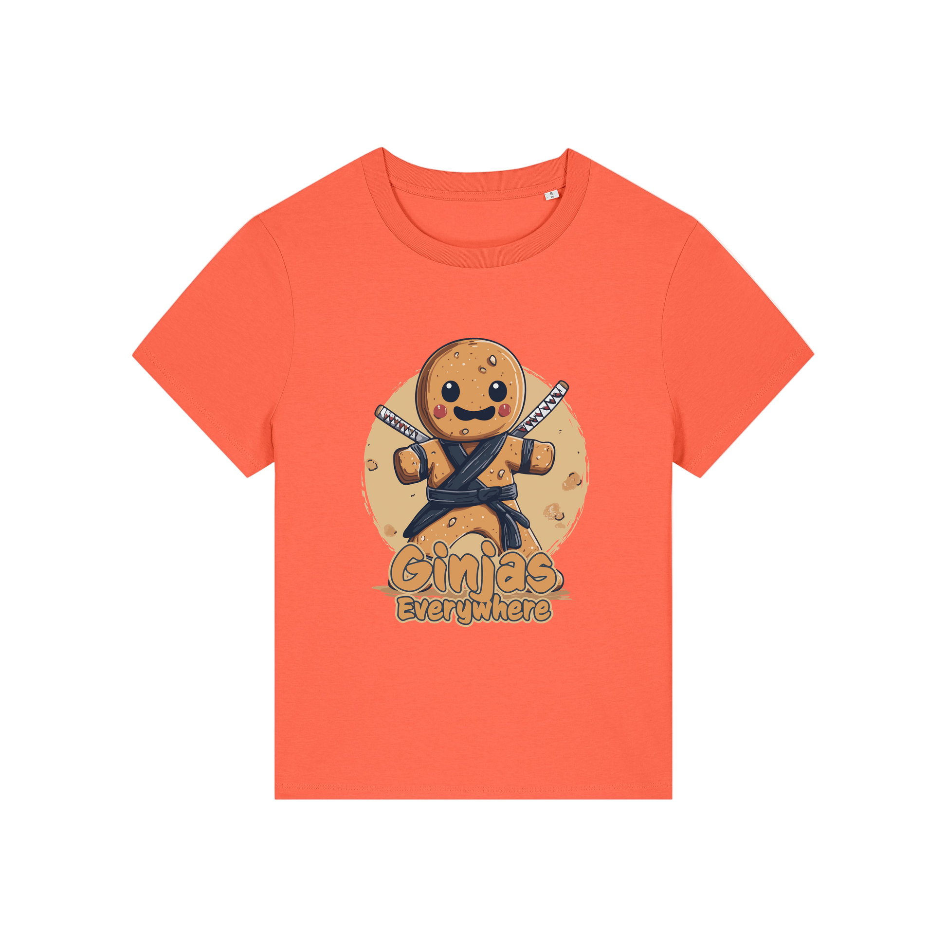 orange funny graphic t-shirt with a gingerbread man dressed as a ninja and the slogan 'ginjas everywhere'