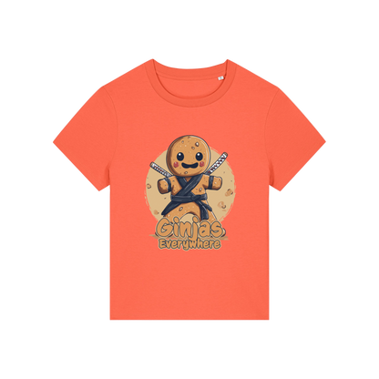 orange funny graphic t-shirt with a gingerbread man dressed as a ninja and the slogan 'ginjas everywhere'