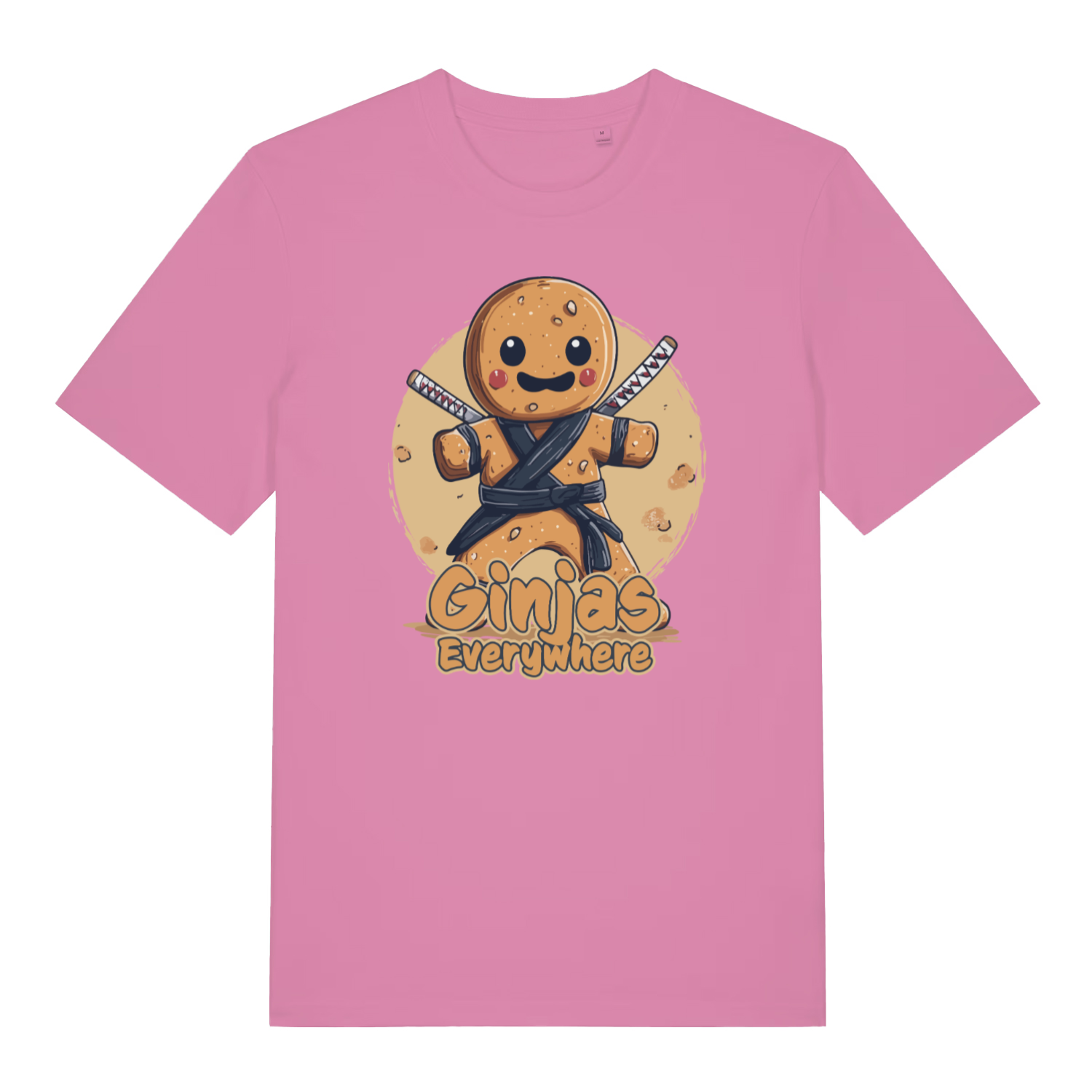 pink women's funny graphic t-shirt with the graphic of a gingerbread man and the slogan 'ginjas everywhere'
