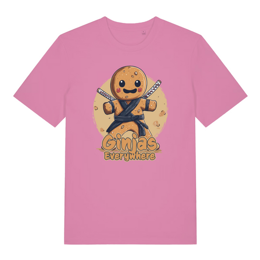 pink women's funny graphic t-shirt with the graphic of a gingerbread man and the slogan 'ginjas everywhere'