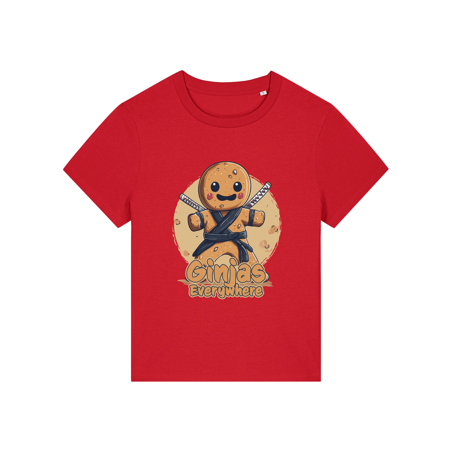 red funny graphic t-shirt with a gingerbread man dressed as a ninja and the slogan 'ginjas everywhere'