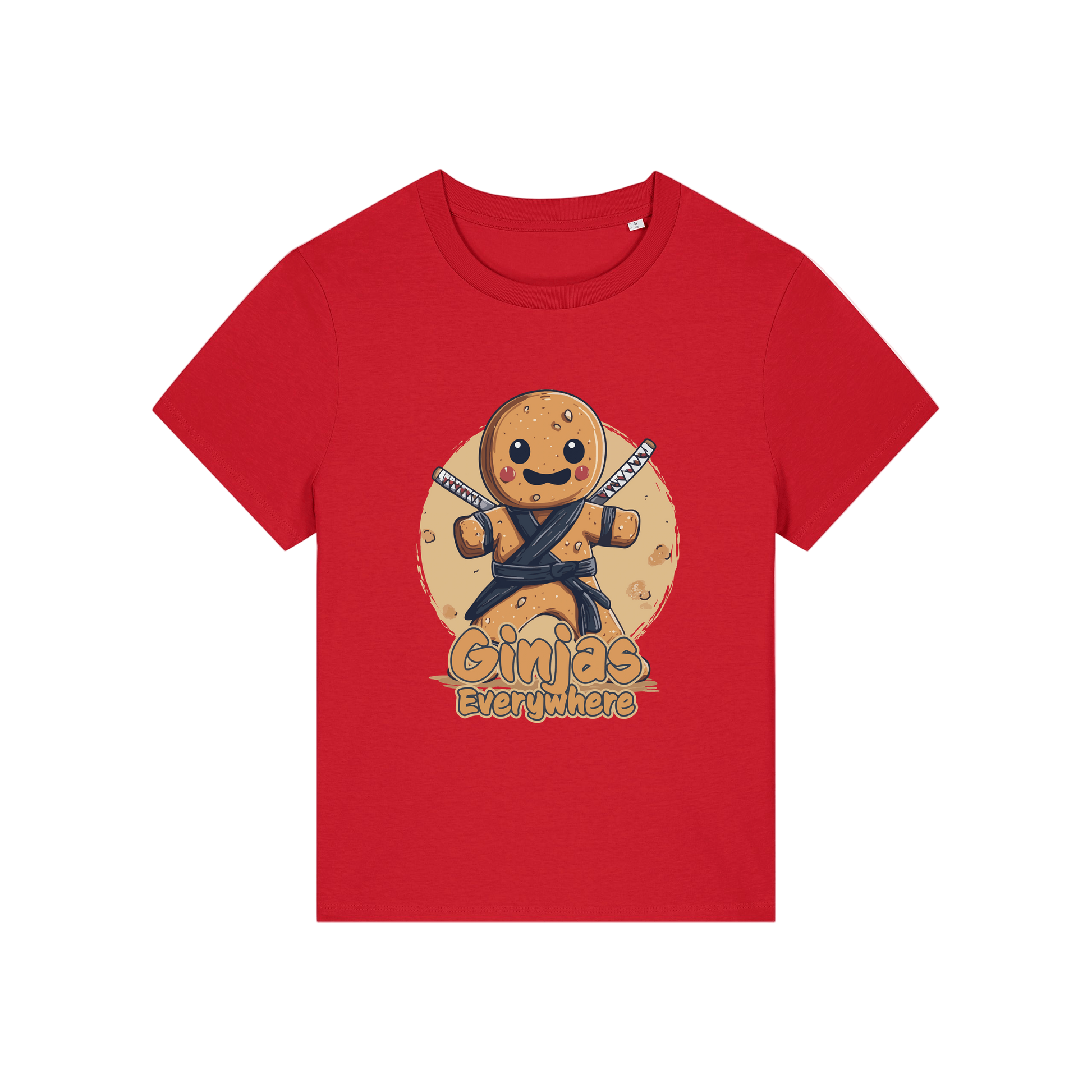 red funny graphic t-shirt with a gingerbread man dressed as a ninja and the slogan 'ginjas everywhere'