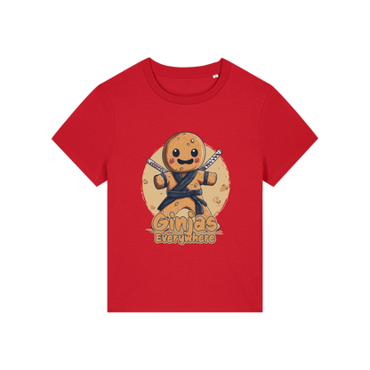red funny graphic t-shirt with a gingerbread man dressed as a ninja and the slogan 'ginjas everywhere'
