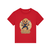red funny graphic t-shirt with a gingerbread man dressed as a ninja and the slogan 'ginjas everywhere'
