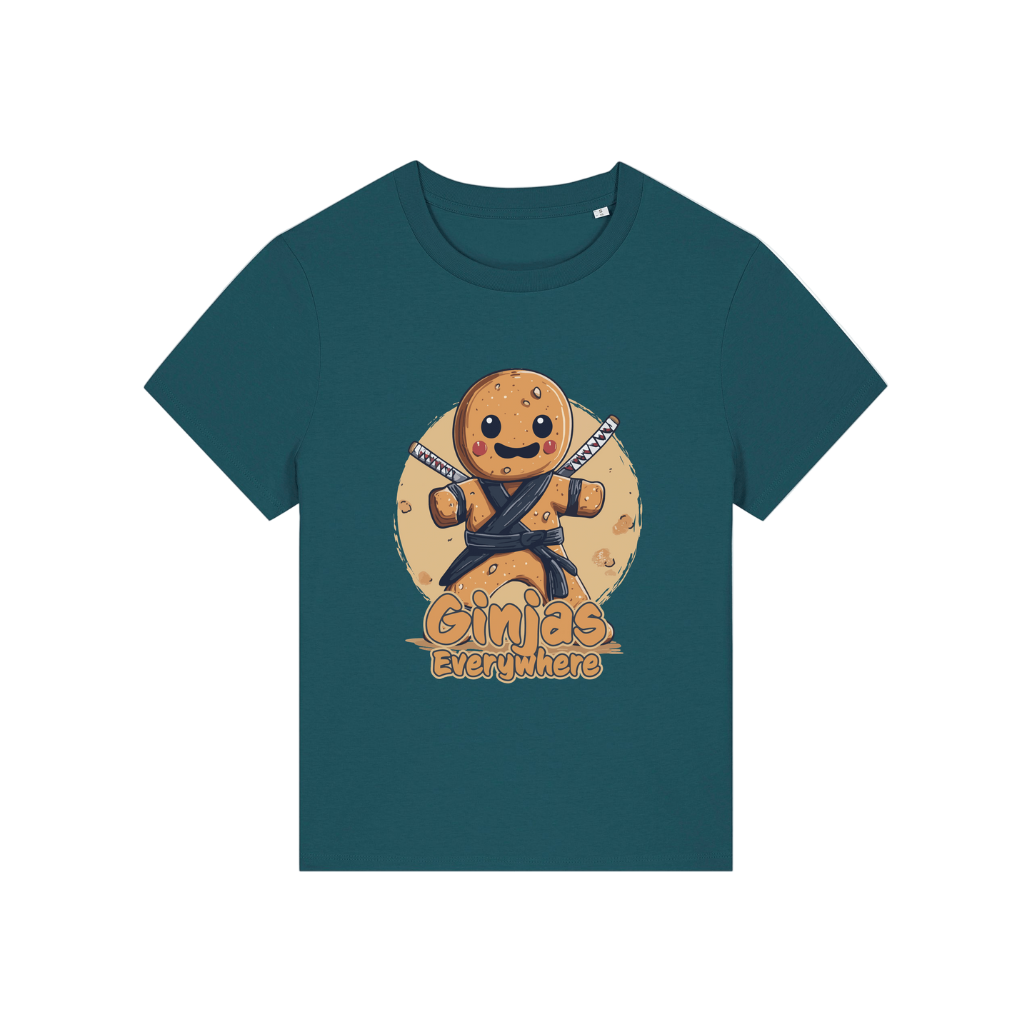 teal funny graphic t-shirt with a gingerbread man dressed as a ninja and the slogan 'ginjas everywhere'