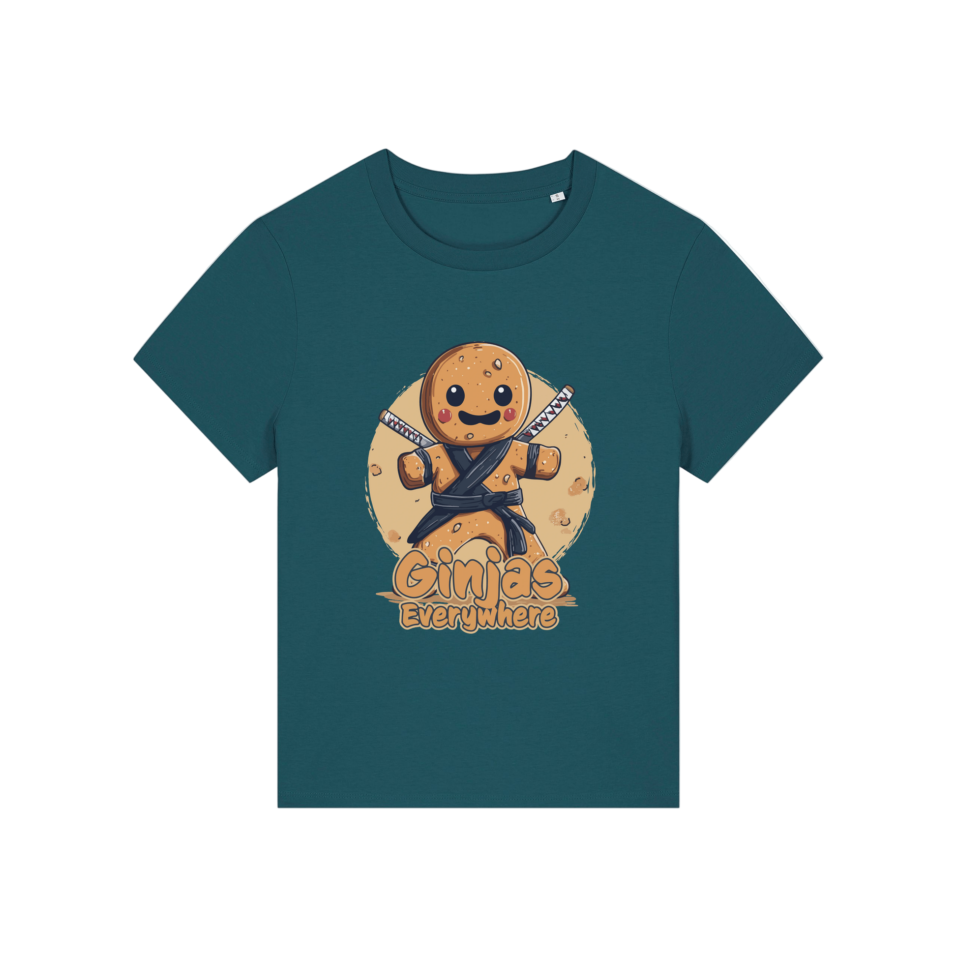 teal funny graphic t-shirt with a gingerbread man dressed as a ninja and the slogan 'ginjas everywhere'