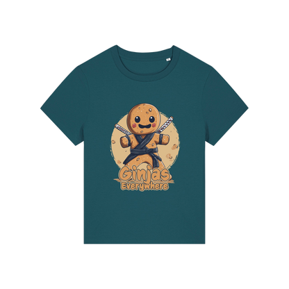 teal funny graphic t-shirt with a gingerbread man dressed as a ninja and the slogan 'ginjas everywhere'