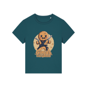 teal funny graphic t-shirt with a gingerbread man dressed as a ninja and the slogan 'ginjas everywhere'