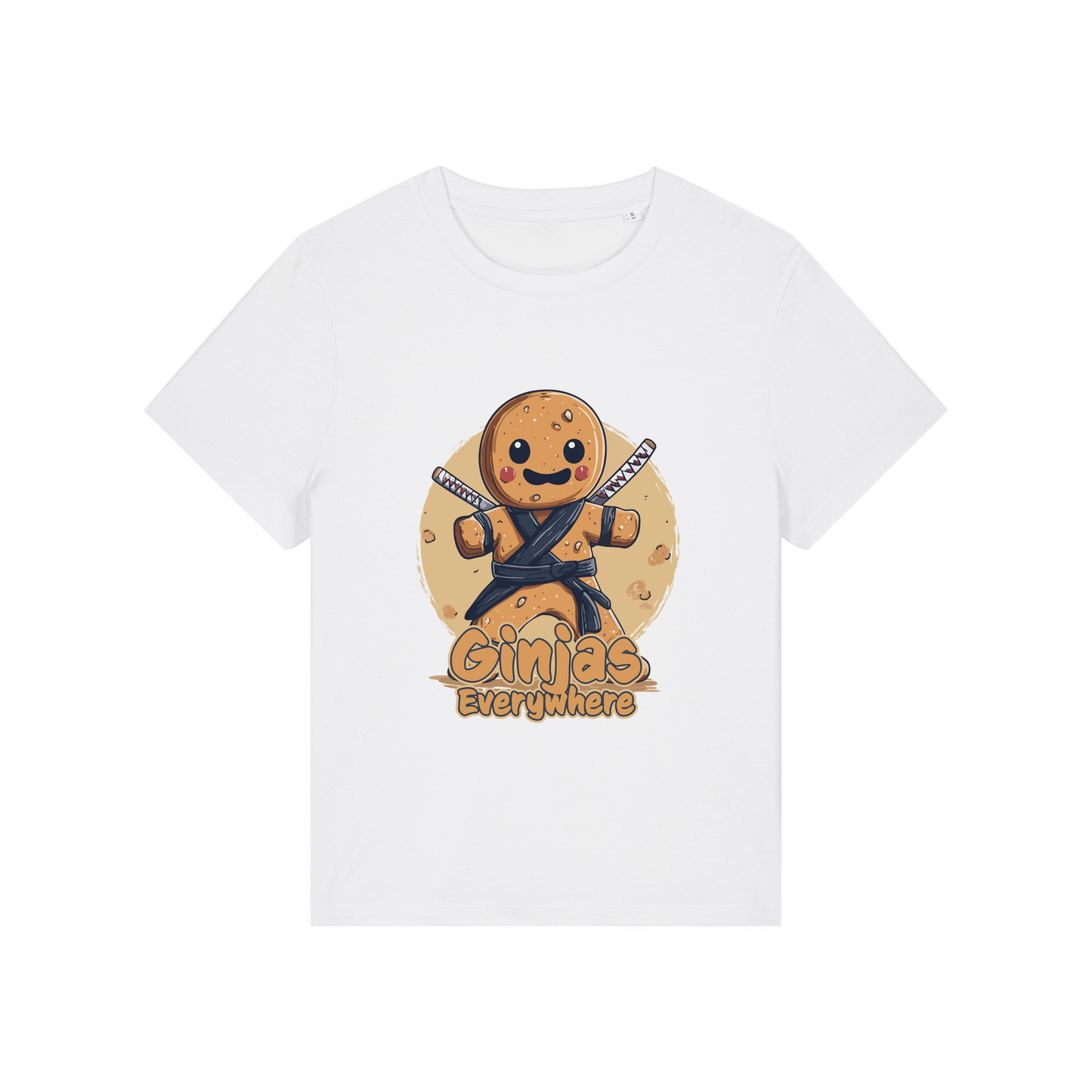 white funny graphic t-shirt with a gingerbread man dressed as a ninja and the slogan 'ginjas everywhere'