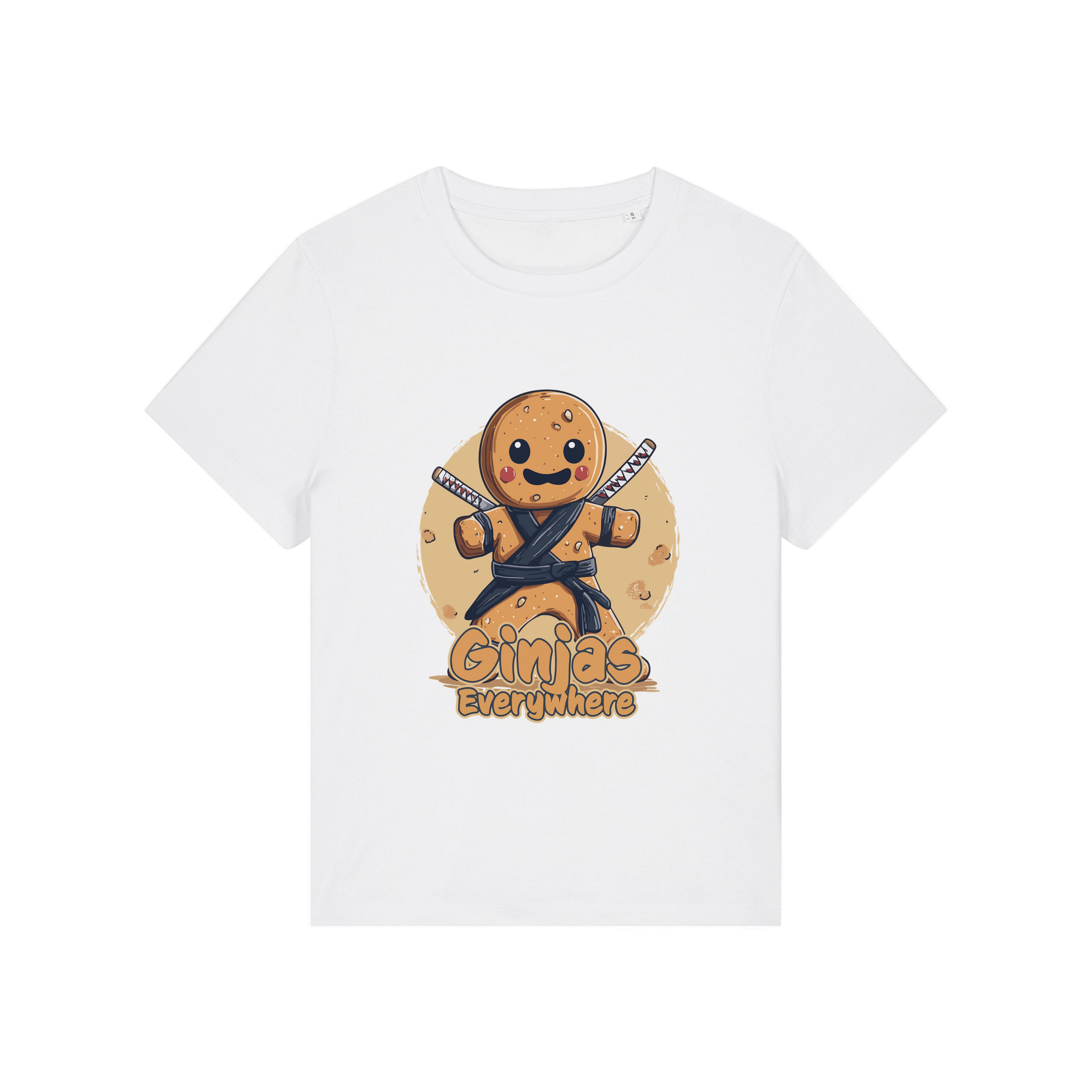 white funny graphic t-shirt with a gingerbread man dressed as a ninja and the slogan 'ginjas everywhere'