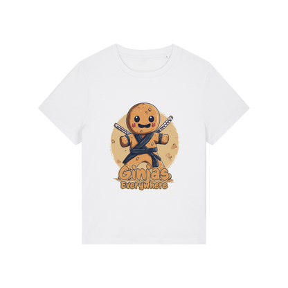 white funny graphic t-shirt with a gingerbread man dressed as a ninja and the slogan 'ginjas everywhere'