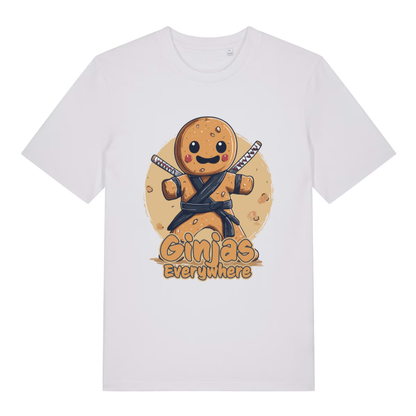 White women's Ginjas Everywhere T-shirt flat lay featuring humorous gingerbread ninja graphic
