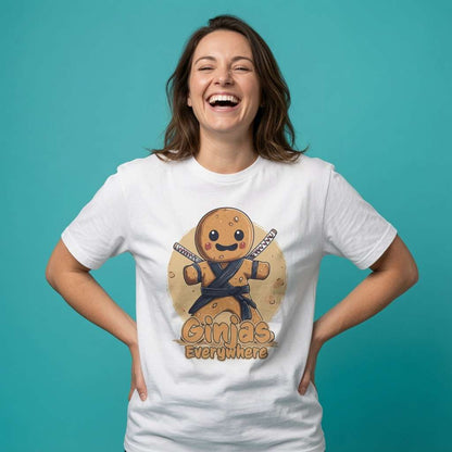 Woman laughing with both hands on her hips in a white Ginjas Everywhere t-shirt, humorous ladies ginger bread pun graphic design full of pure attitude
