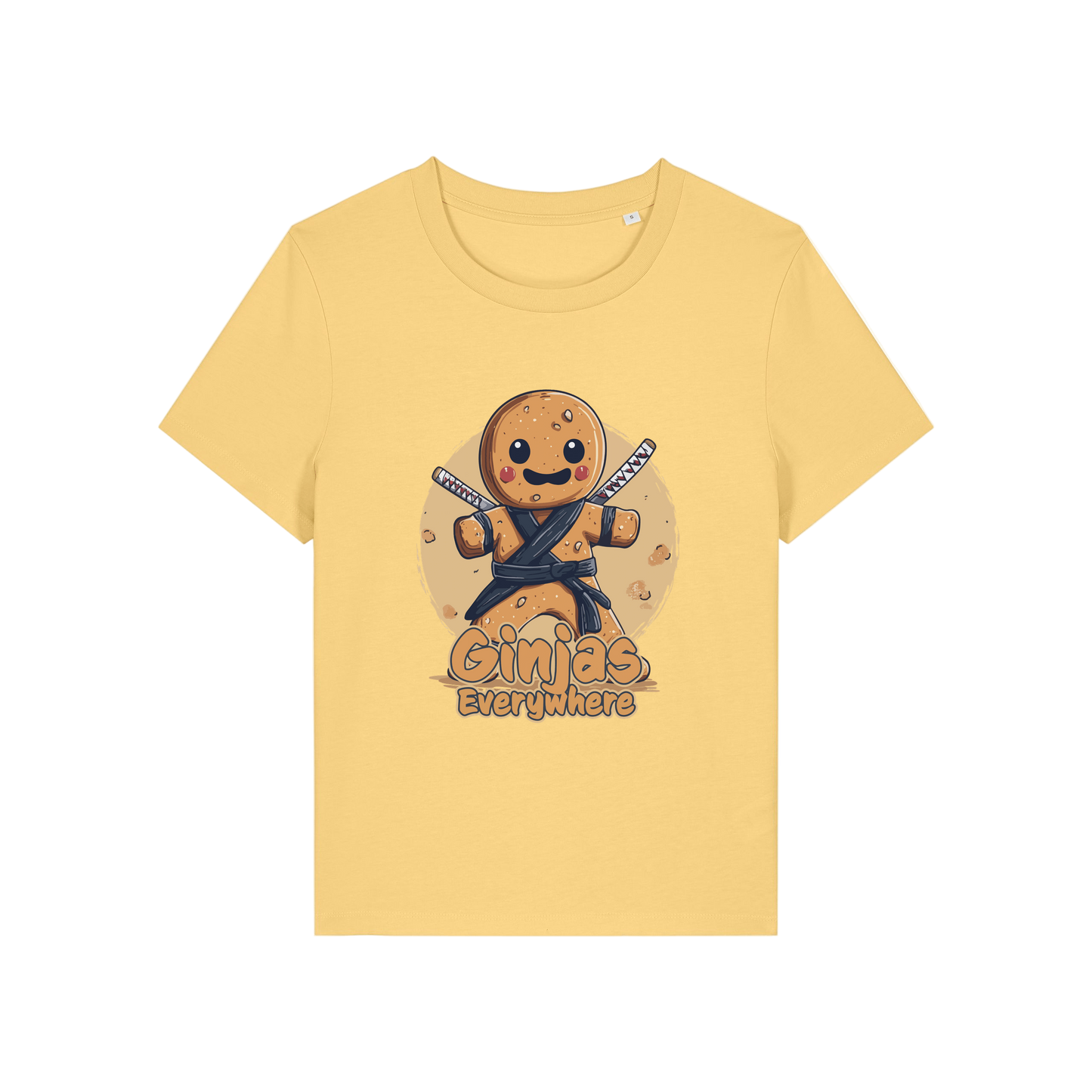 yellow funny graphic t-shirt with a gingerbread man dressed as a ninja and the slogan 'ginjas everywhere'