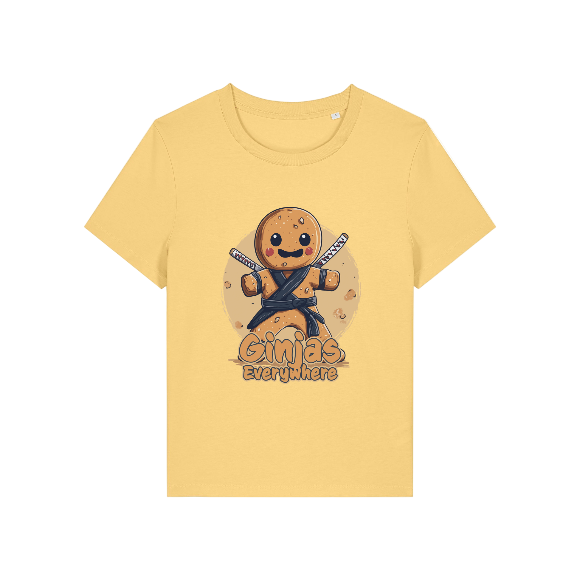 yellow funny graphic t-shirt with a gingerbread man dressed as a ninja and the slogan 'ginjas everywhere'