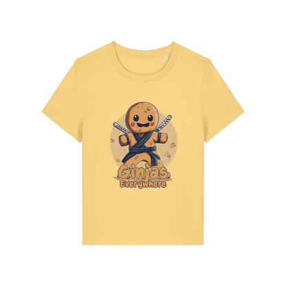 yellow funny graphic t-shirt with a gingerbread man dressed as a ninja and the slogan 'ginjas everywhere'