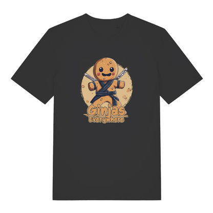 black funny graphic t-shirt with a gingerbread man ninja and the slogan 'ginjas everywhere'