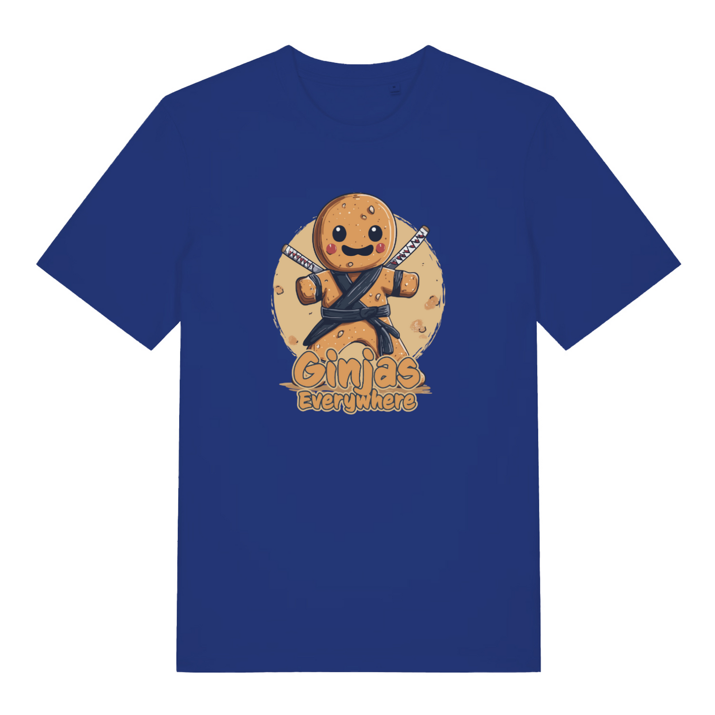 blue funny graphic t-shirt with a gingerbread man ninja and the slogan 'ginjas everywhere'