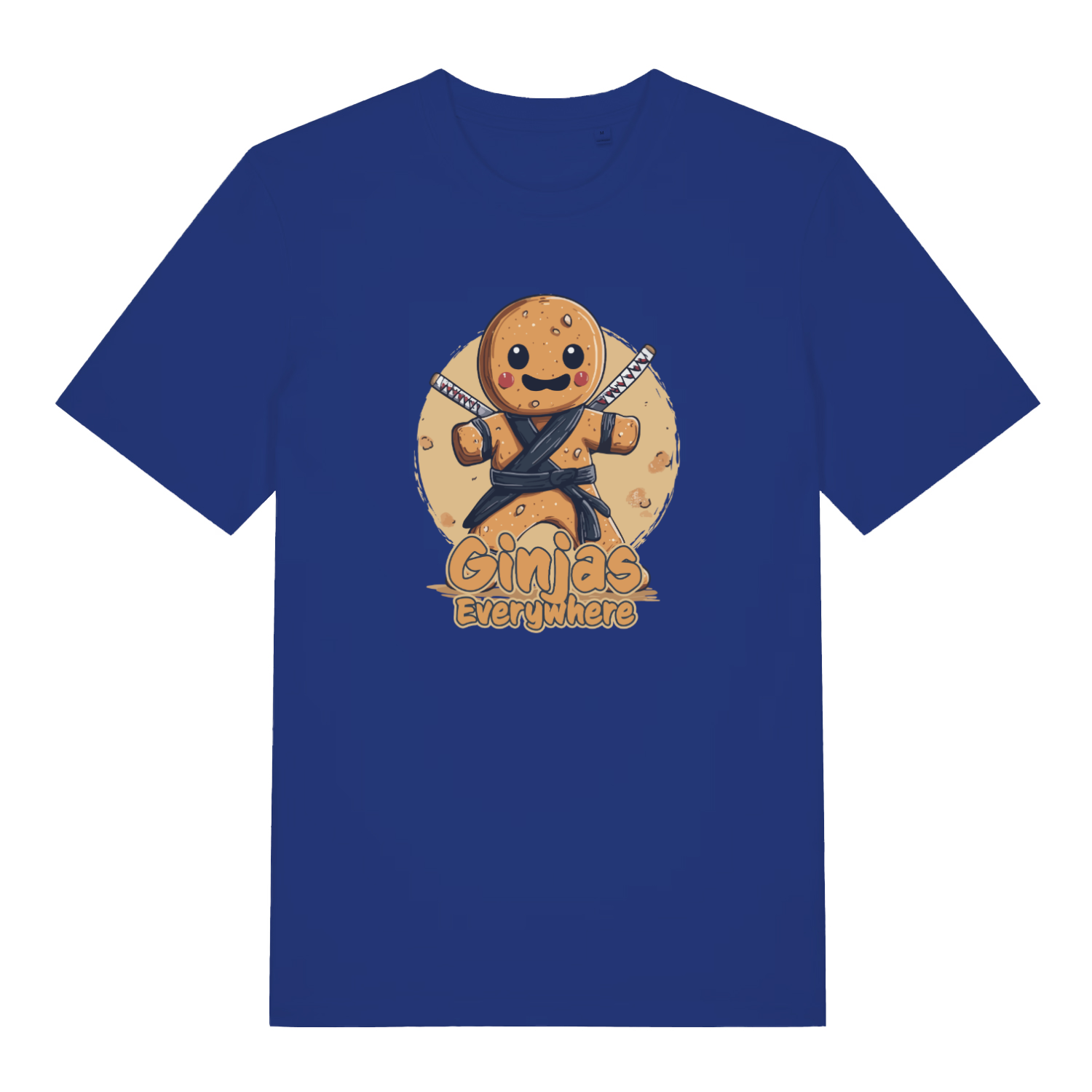 blue funny graphic t-shirt with a gingerbread man ninja and the slogan 'ginjas everywhere'