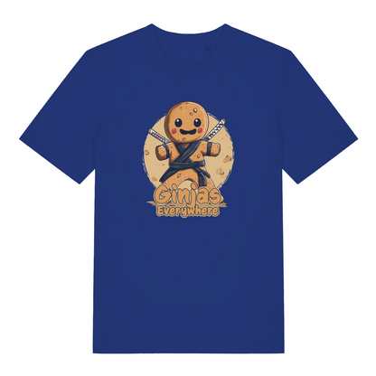 blue funny graphic t-shirt with a gingerbread man ninja and the slogan 'ginjas everywhere'
