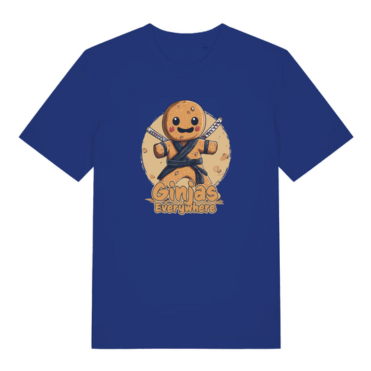 blue funny graphic t-shirt with a gingerbread man ninja and the slogan 'ginjas everywhere'