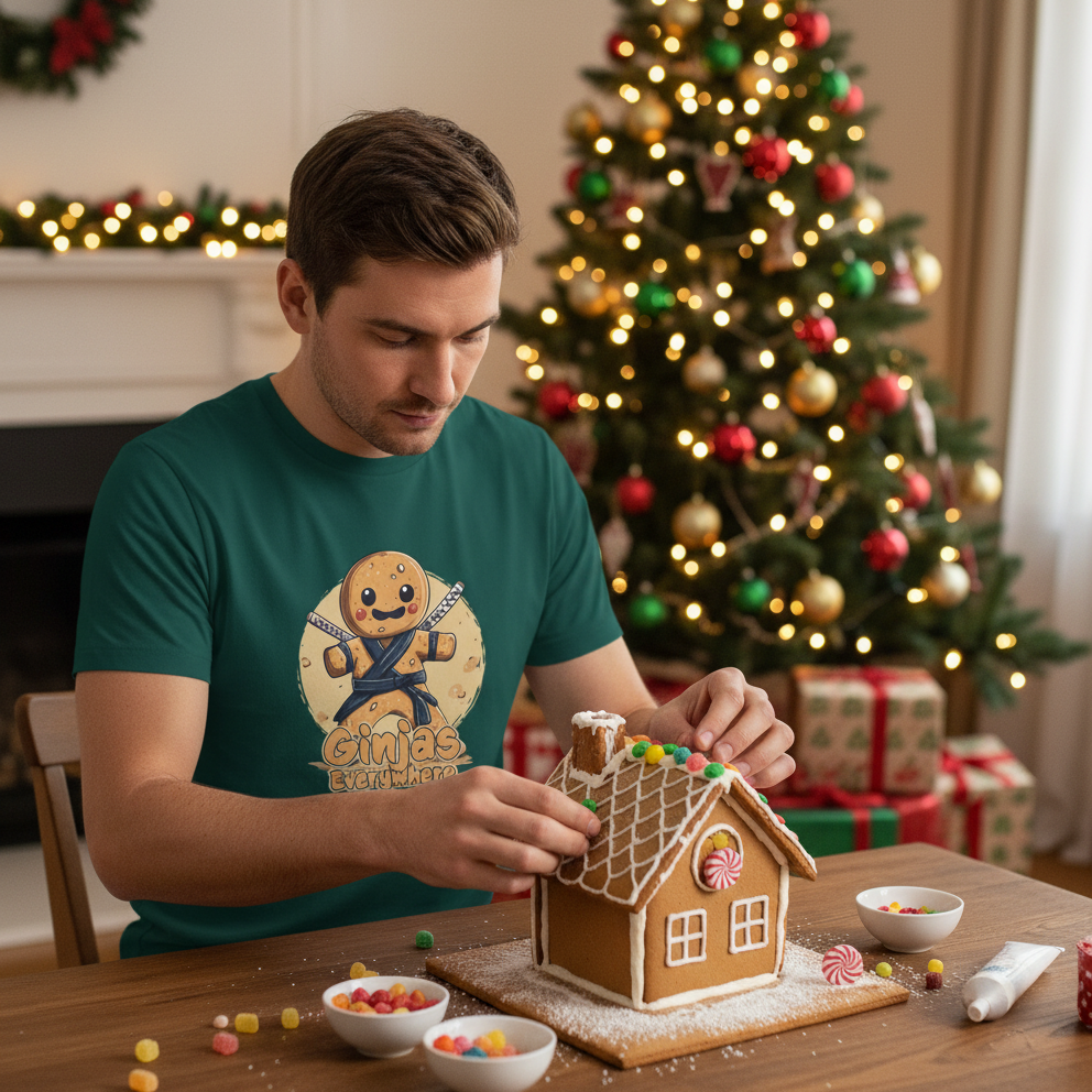 Man decorating a gingerbread house in a festive room with a Christmas tree and presents.
