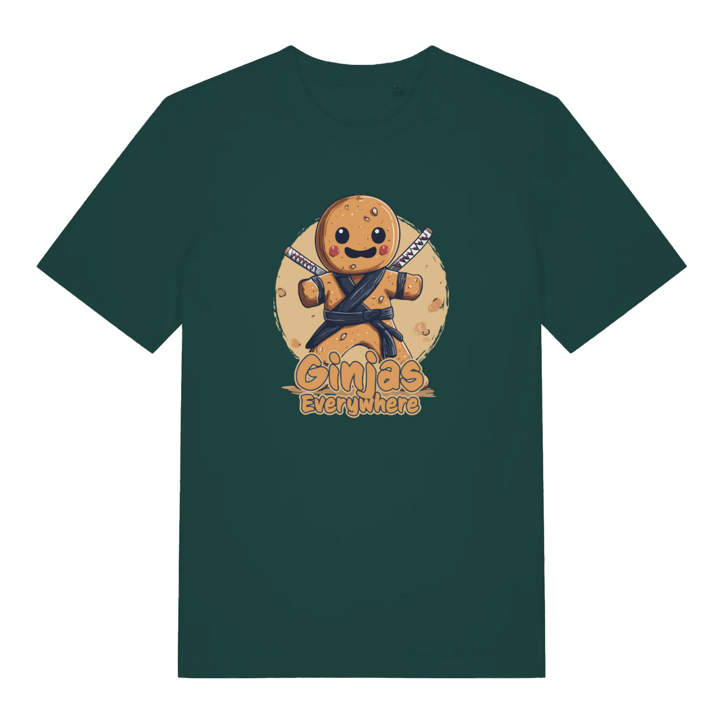 green funny graphic t-shirt with a gingerbread man ninja and the slogan 'ginjas everywhere'