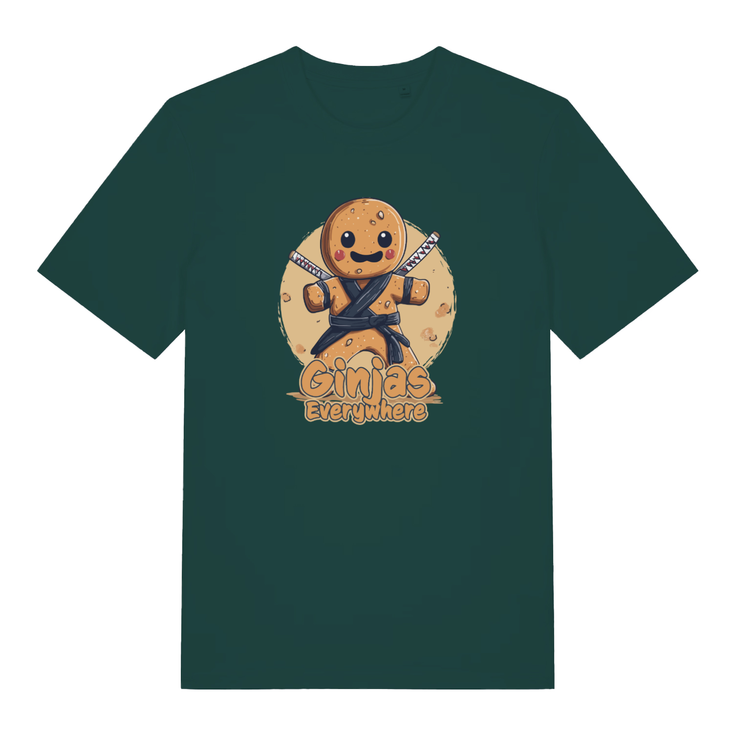 green funny graphic t-shirt with a gingerbread man ninja and the slogan 'ginjas everywhere'