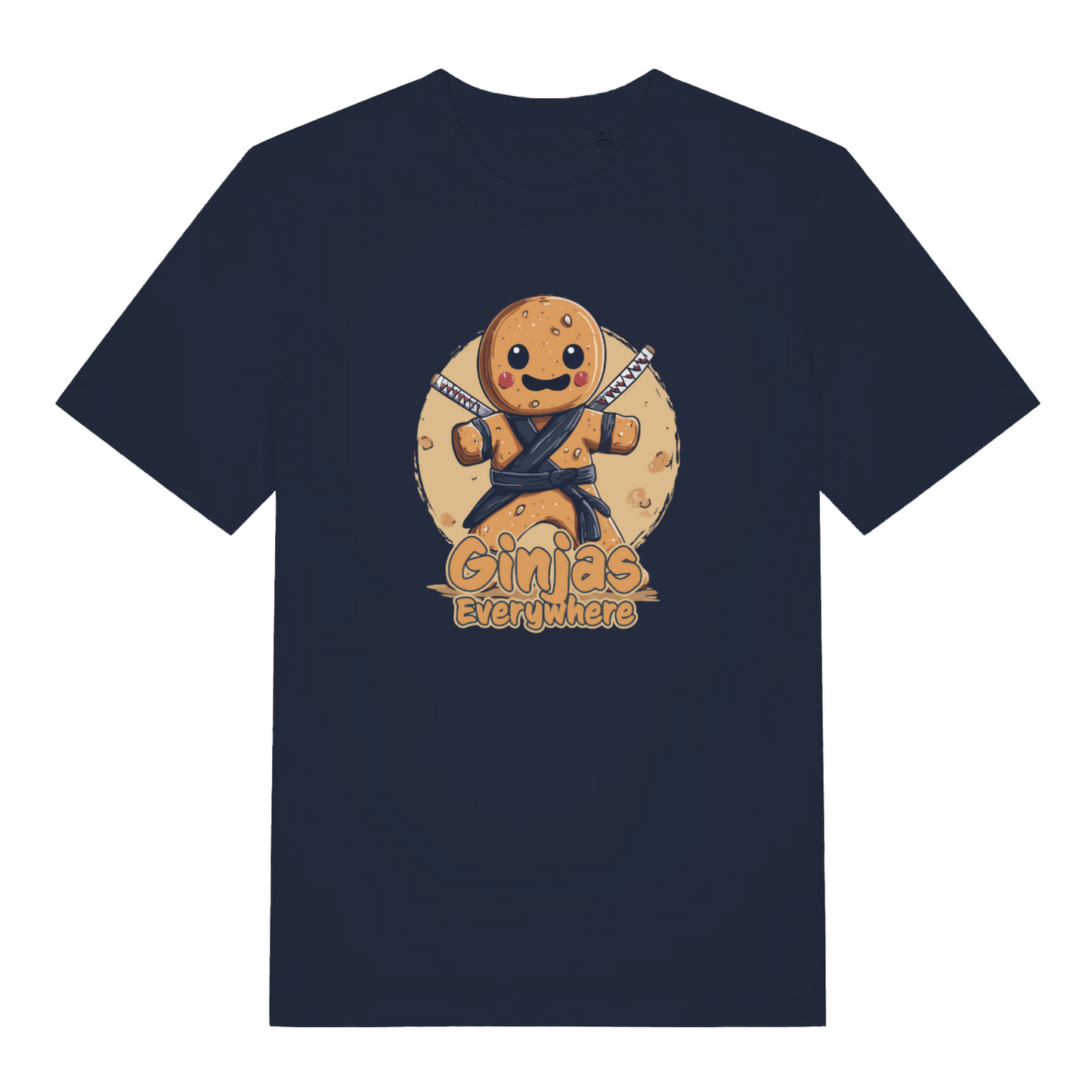 navy funny graphic t-shirt with a gingerbread man ninja and the slogan 'ginjas everywhere'