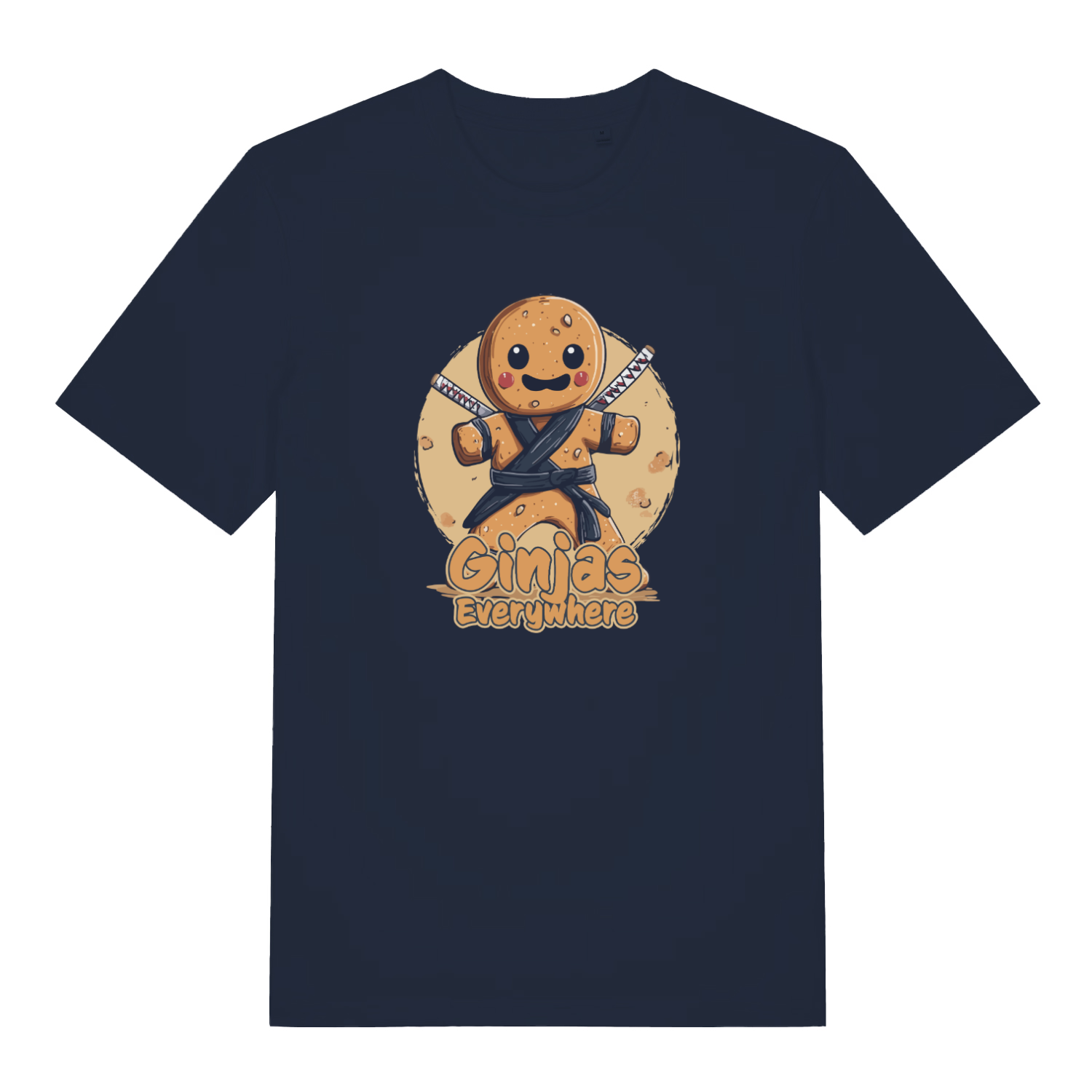 navy funny graphic t-shirt with a gingerbread man ninja and the slogan 'ginjas everywhere'