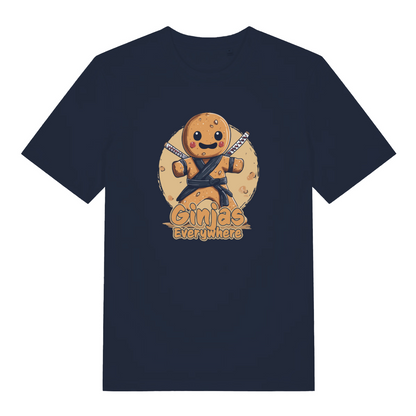 navy funny graphic t-shirt with a gingerbread man ninja and the slogan 'ginjas everywhere'