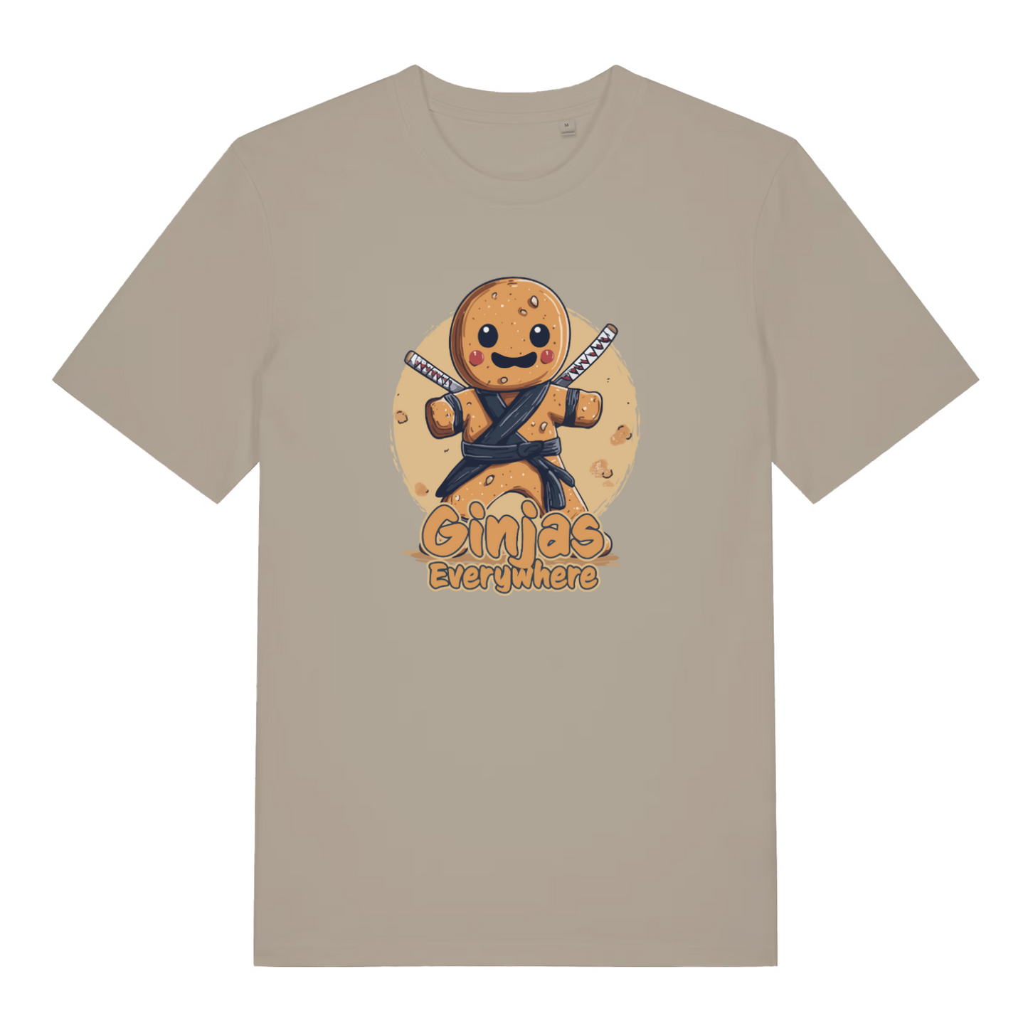 stone funny graphic t-shirt with a gingerbread man ninja and the slogan 'ginjas everywhere'
