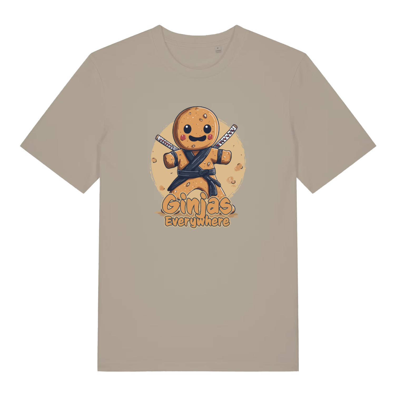 stone funny graphic t-shirt with a gingerbread man ninja and the slogan 'ginjas everywhere'
