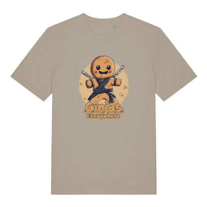 stone funny graphic t-shirt with a gingerbread man ninja and the slogan 'ginjas everywhere'