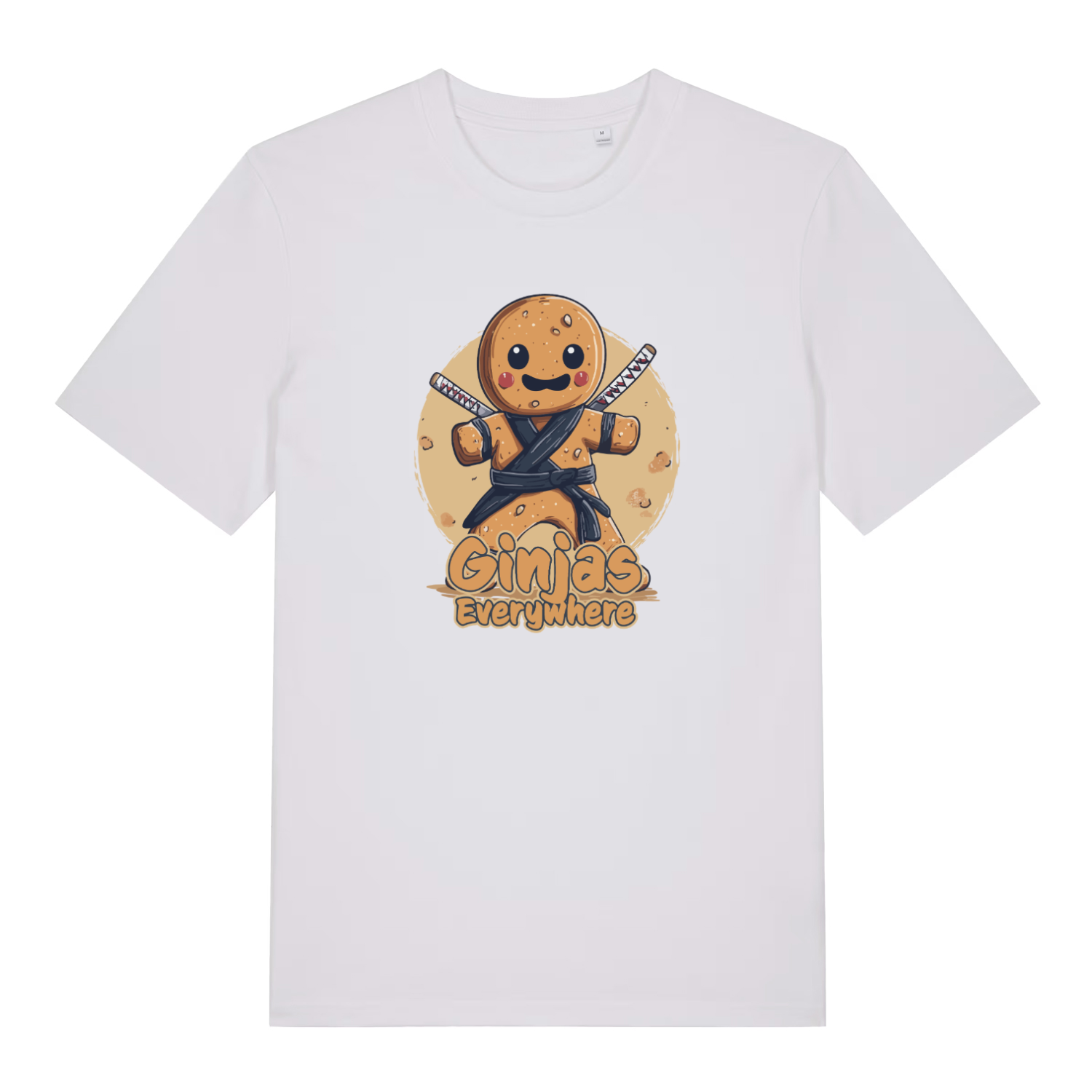 white funny graphic t-shirt with a gingerbread man ninja and the slogan 'ginjas everywhere'