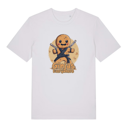 white funny graphic t-shirt with a gingerbread man ninja and the slogan 'ginjas everywhere'