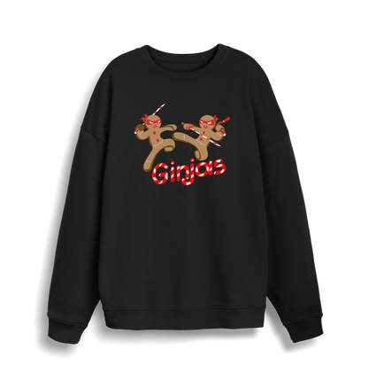 black christmas sweater with the graphic of two gingerbread men fighting with candy canes and the slogan 'ginjas'