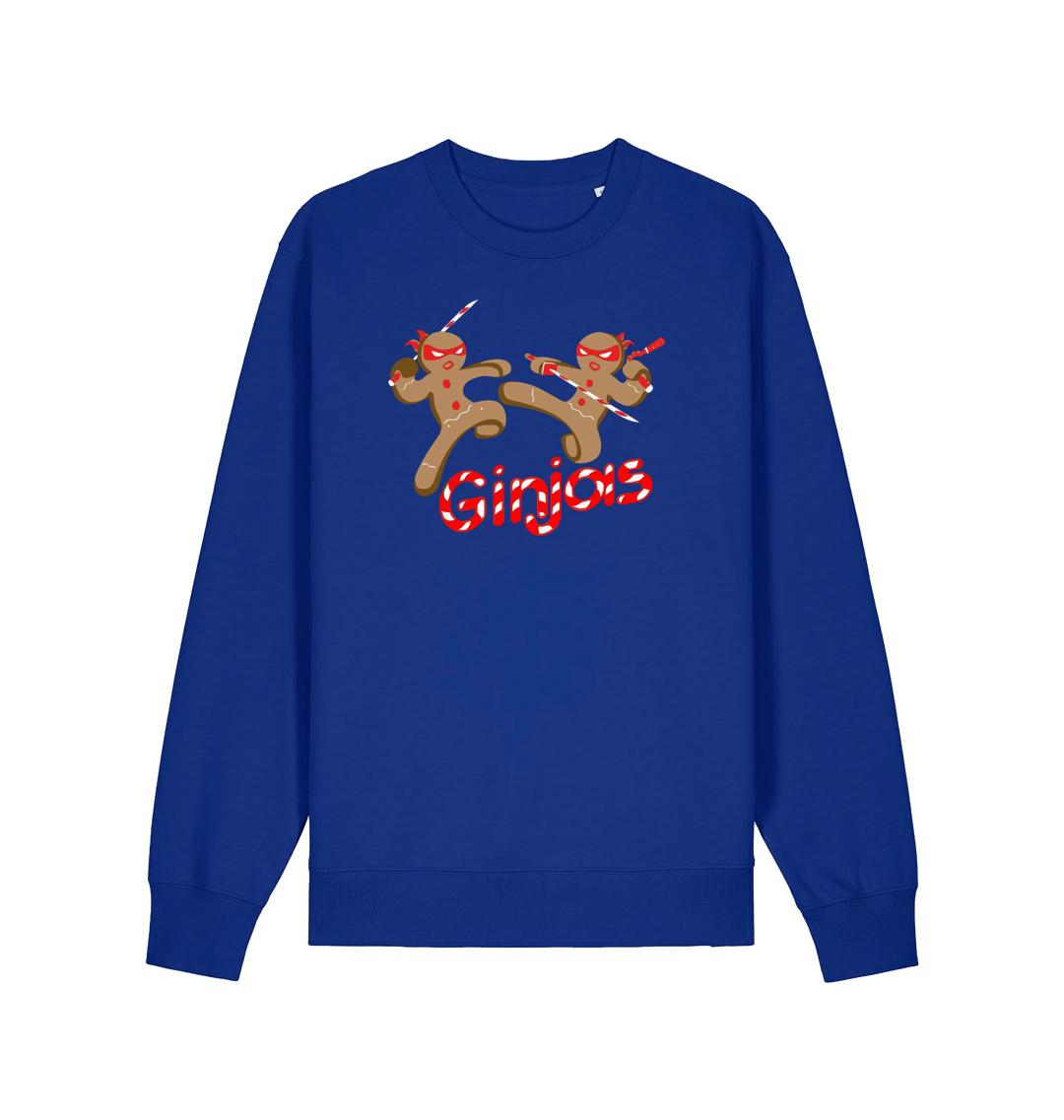 blue christmas sweater with the graphic of two gingerbread men fighting with candy canes and the slogan 'ginjas'