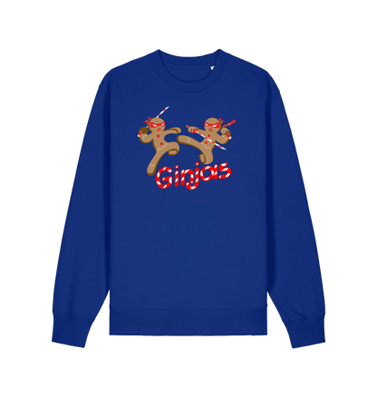 blue christmas sweater with the graphic of two gingerbread men fighting with candy canes and the slogan 'ginjas'