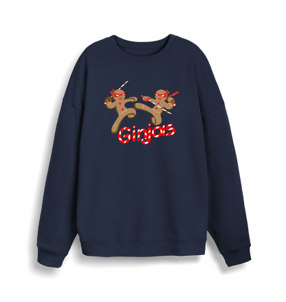 navy christmas sweater with the graphic of two gingerbread men fighting with candy canes and the slogan 'ginjas'