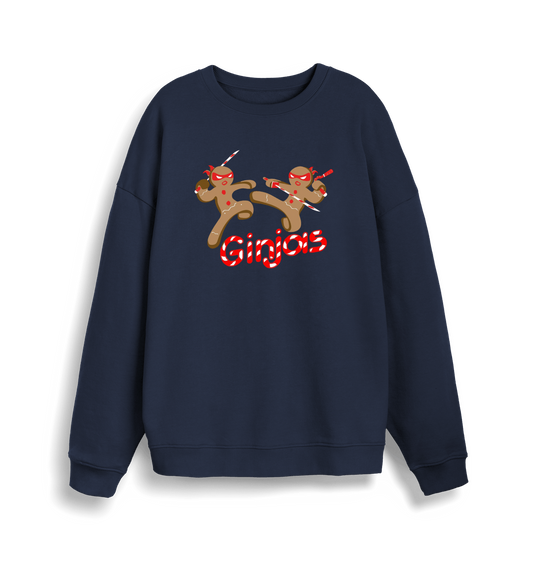navy christmas sweater with the graphic of two gingerbread men fighting with candy canes and the slogan 'ginjas'