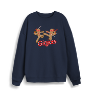 navy christmas sweater with the graphic of two gingerbread men fighting with candy canes and the slogan 'ginjas'