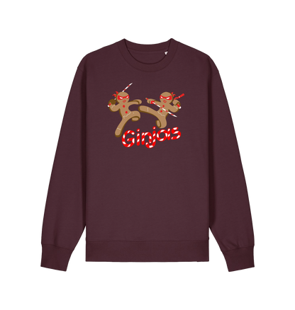 red brown christmas sweater with the graphic of two gingerbread men fighting with candy canes and the slogan 'ginjas'